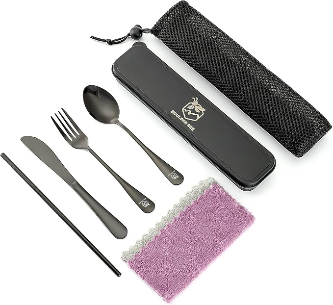 Boulder Bee | Travel Utensils Set | Reusable Camping Cutlery Set | Stainless Steel Flatware Set | Portable Silverware Set with Case | Includes Knife/Fork/Spoon/Straw/Cleaning Cloth/Case (Black)