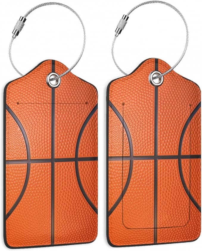 2 Pcs Basketball Texture Luggage Tags,Cruise Luggage Tag with Privacy Flap,Name Id Label and Steel Loop for Women Men Travel Bag Suitcase