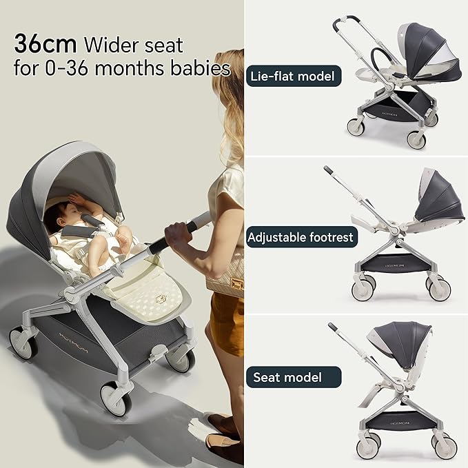 Hot Mom Baby Lightweight Stroller, Intelligent Seat Reversing，Double Brake and PU Anti-Shock Tire Combine Baby Pushchair, Newborn to Toddler's Baby Stroller, Grey