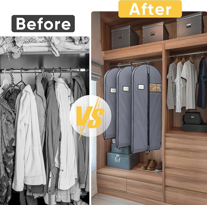 BALEINE 5PK Heavy Duty Garment Bag with Shoe Storage Travel Bag for Dresses, Suit, Coats Travel Essential (60", Grey)