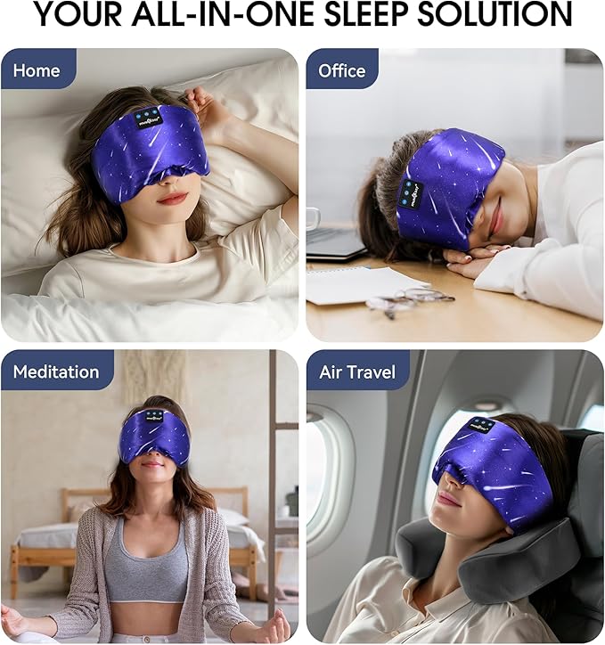 MUSICOZY Mulberry Silk Bluetooth Sleep Mask with HD Stereo Sound, Wireless Sleep Headband Headphones for Side Sleepers, Adjustable Size, Total Light Blocking, Perfect for Travel Relaxation Sleep