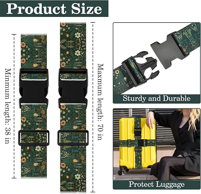 Luggage Straps for Suitcases TSA Approved, Luggage Identifiers for Suitcase, Adjustable Suitcase Strap for Baggage Security with Cute Patten, Travel Necessary Accessories (Sage Green)