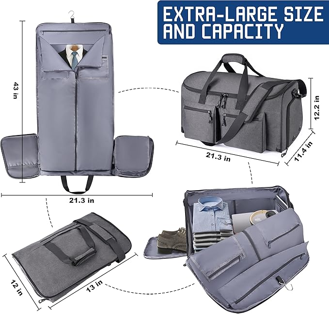 Convertible Duffle Bags for Travel Carry On Suit Duffle Bags with Shoulder Strap 2 in 1 Hanging Garment Duffle Bag for Men Women (Grey)