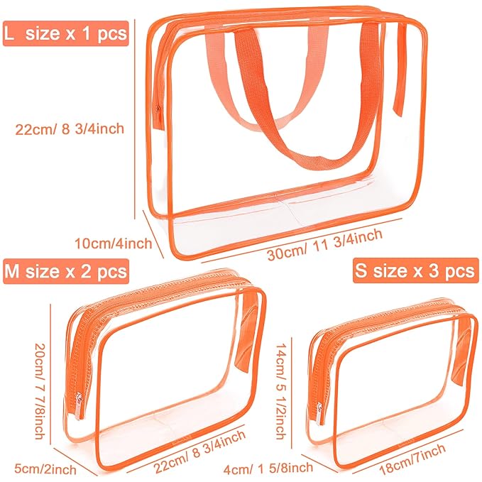 APREUTY Clear Makeup Bags, TSA Approved 6 Pcs Cosmetic Makeup Bags Set Clear PVC with Zipper Handle Portable Travel Luggage Pouch Airport Airline Vacation Organization (Orange)
