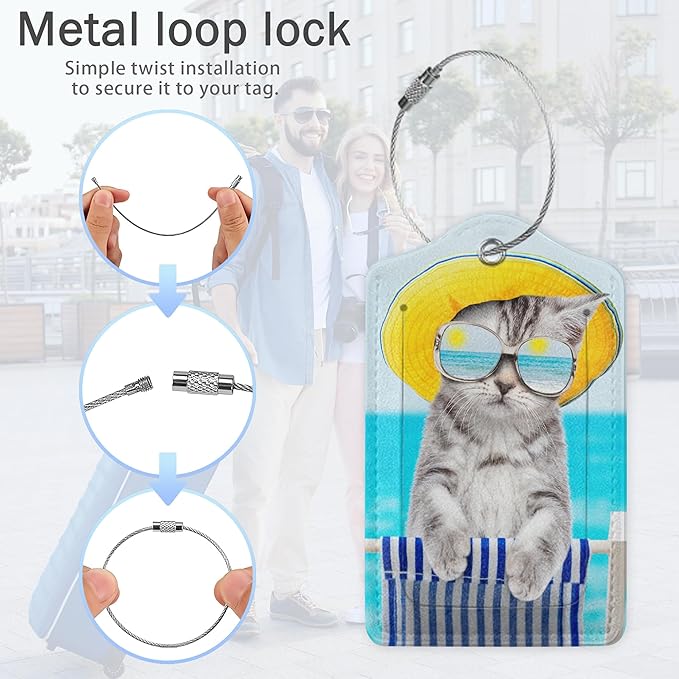 Luggage Tags for Suitcase,Cat Dog Sunglasses Beach Luggage Tags of Set 2 Leather Identifiers Privacy Cover with Stainless Steel Loop for Women Men Travel Bag Suitcase