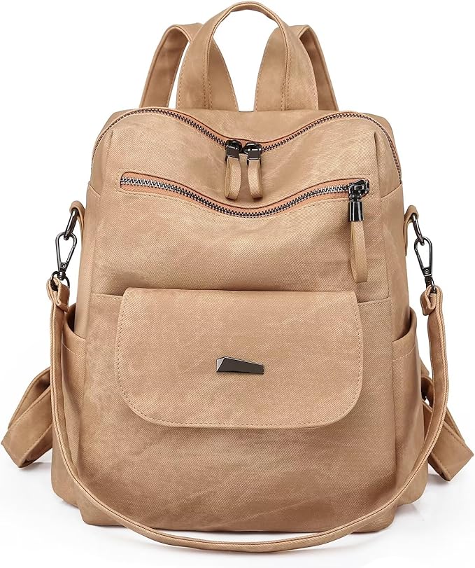 PU Leather Backpack Purse for Women Fashion Multipurpose Design Handbag Ladies Shoulder Bags Travel Backpack Khaki