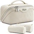 BOYATU Travel Makeup Bag for Women: Cosmetic Organizer Bag with Compartments - Leather Make up Bags Set of 3 (White)