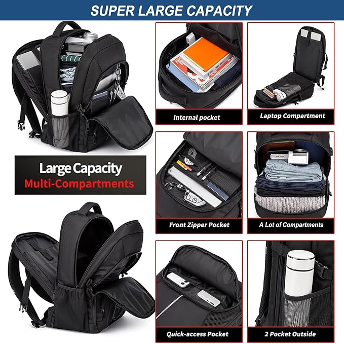 Extra Large Backpack for Men 55L,18.4Inch Travel Laptop Backpack with USB Charging Port Business Flight Approved Carry On Backpack,TSA Big Capacity Heavy Duty Computer Bag College Bookbag,Black