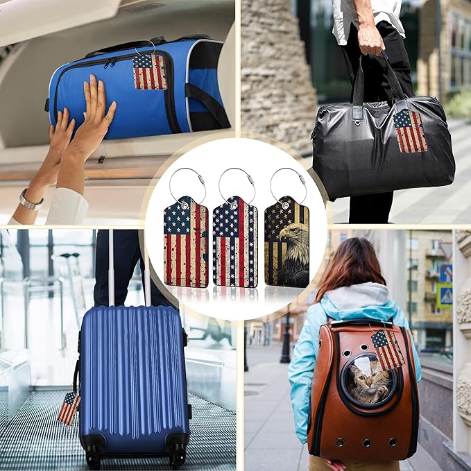 3 Pack PU Retro American Flag Leahter Luggage Tag with Stainless Steel Loop,Travel Suitcase Labels with Privacy Cover ID Label Quickly Spot for Bags