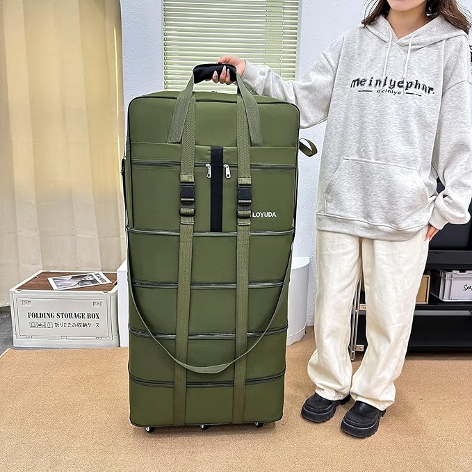 Expandable Foldable Luggage, 42'' Suitcase With Spinner Wheels, Rolling Duffle Bag with Wheels and Handle, Collapsible Luggage, With 2 Handle Wrap and 2 Fixing Straps, 1 Shoulder Strap (Green)