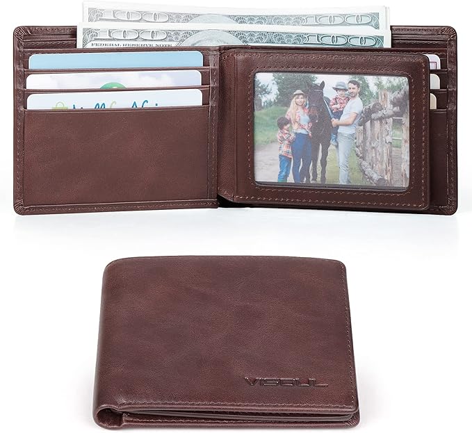 VISOUL Mens Bifold Leather RFID Blocking Wallet with 2 ID Windows, Soft Genuine Leather Card Holder Wallet with 2 Cash Compartments for Men (Coffee)