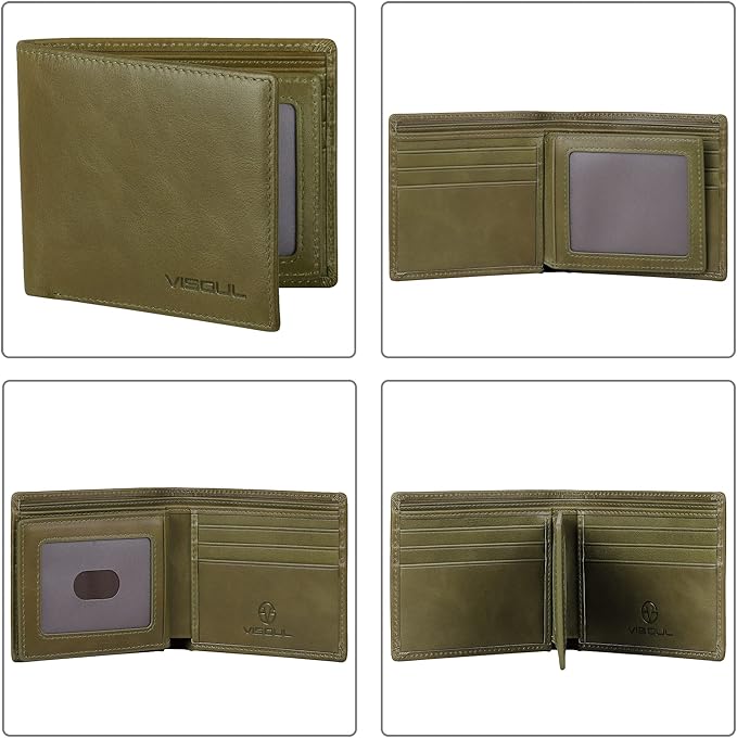 VISOUL Men's Bifold Wallet with 2 ID Windows, Genuine Leather Card Holder Front Pocket Wallet with RFID Blocking for Men (Green)