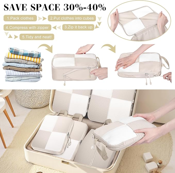 8 Set Compression Packing Cubes Travel, Lightweight Expandable Travel Cubes Suitcase Organizer for Carry On Luggage Suitcase, Beige