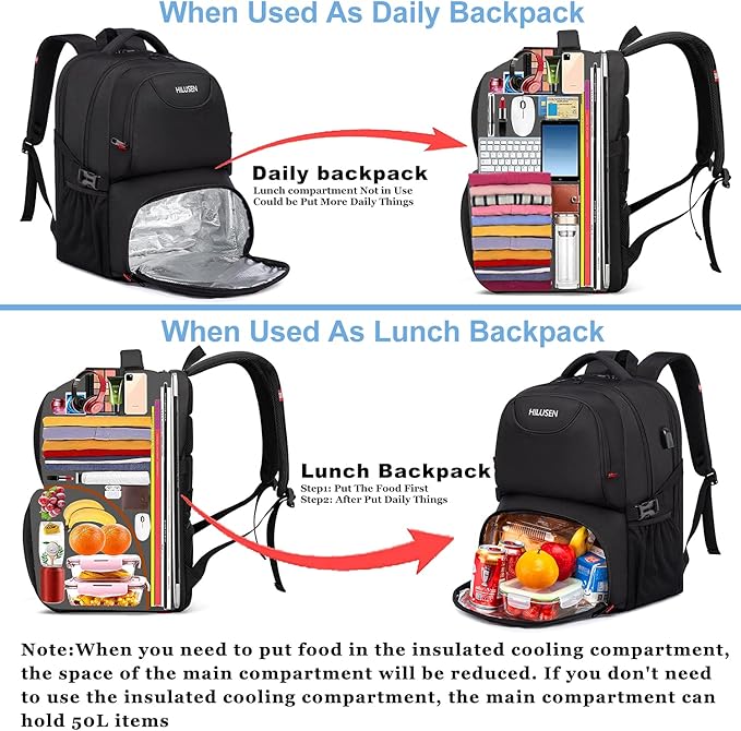 HILUSEN Extra Large Backpack for Men 50L, Insulated Cooler Lunch Box Backpack, Water Resistant 17inch Travel Laptop Work Bookbag with USB Charging Port,Black