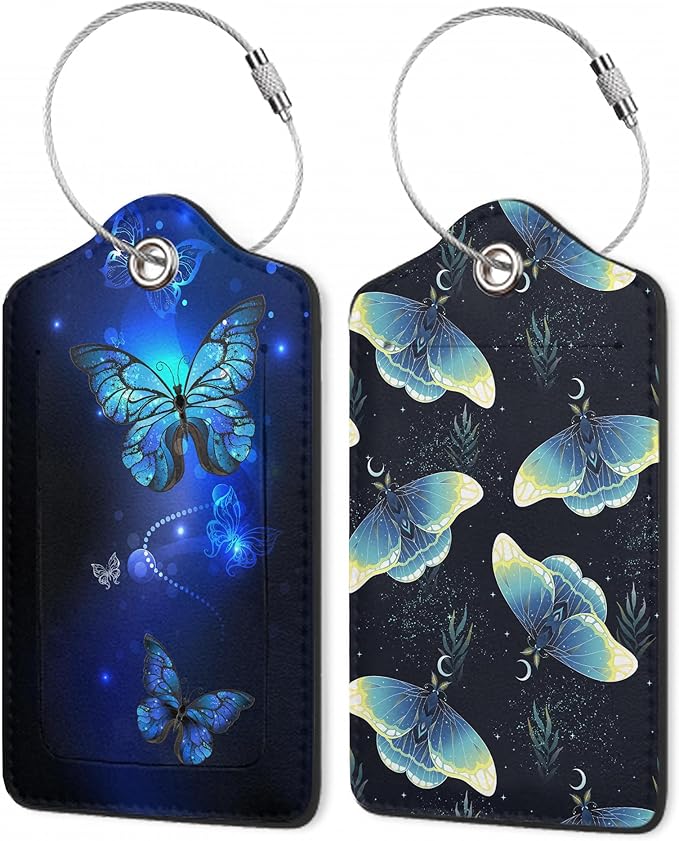 Butterfly Moon Luggage Tags,2 Pack Moth and Stars Luggage Tag,Leather Privacy Cover ID Label with Stainless Steel Loop for Women Men Kids Girls Travel