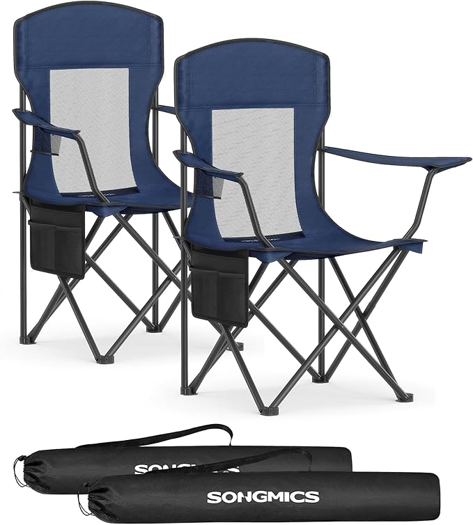 SONGMICS Breathable Camping Chairs, Foldable Outdoor Chairs Set of 2, High Back, Adjustable Armrests, Drink Holder, Weight Capacity 330 lb, for Sports Garden Backyard, Harbor Blue UGCB028Q01