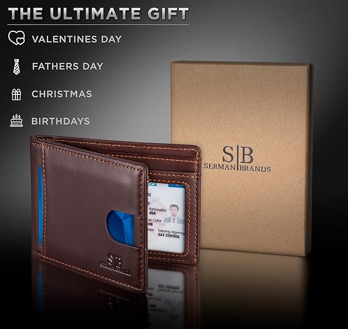 SERMAN BRANDS RFID Blocking Slim Bifold Genuine Leather Thin Minimalist Front Pocket Wallets for Men Billfold Wallet Men Gift