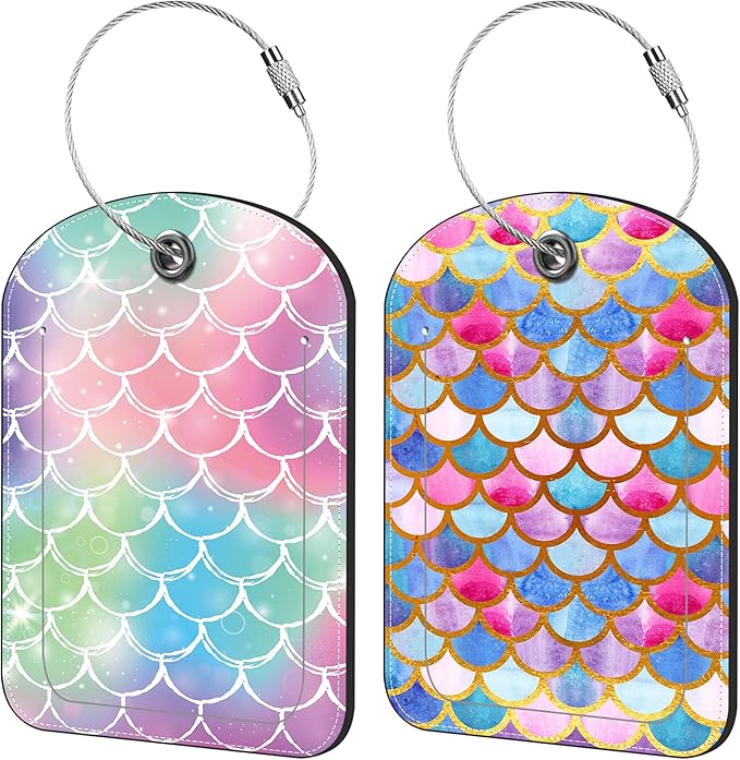 Tie-dye Fish Scale Luggage Tag for Suitcase Set of 2 PU Leather Cute Luggage Tags with Stainless Metal Loop ID Label Privacy Flap Suitcase Tags for Women and Men Travel