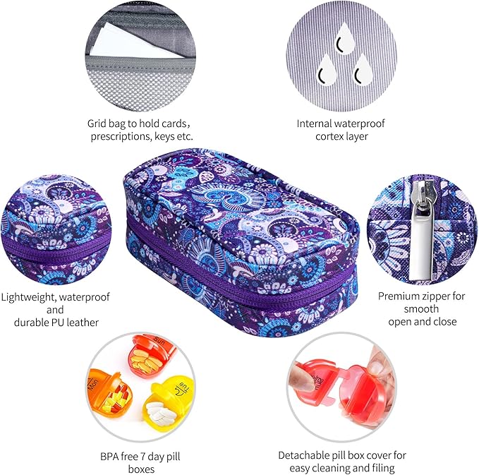 Serfeymi Weekly Travel Pill Organizer 2 Times A Day AM PM Upgraded Rainbow Pill Box 7 Day with Portable Zipper PU Leather Pill Case, Medicine Organizer for Pills, Vitamins, Fish Oils - Purple-01