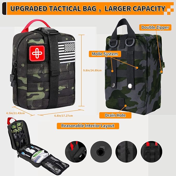 Survival Kit, Gifts for Men Women Teen Boys, 252 pcs Survival Gear and Equipment Mini First Aid Kit for Car Home, Emergency Kit with Molle System for Earthquake, Outdoor Adventure, Car Travel