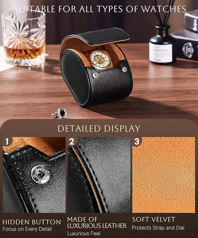 Homde Travel Watch Box Leather: Traveling Case for Men - Luxury Watch Roll for Wristwatch on the Go (black, S)