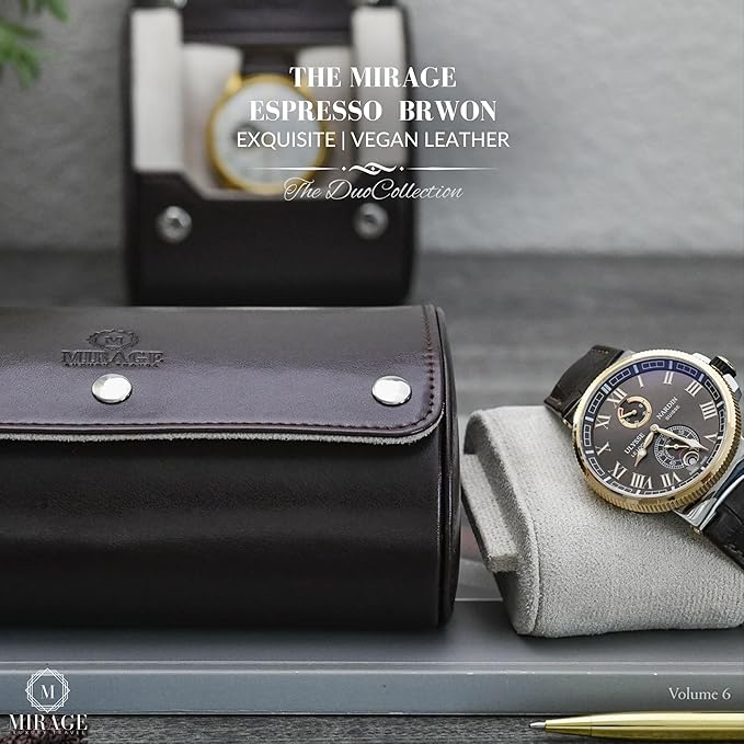 2 Watch Travel Case for Men - Mirage Watch Roll Gift Accessory - Espresso/Ivory Vegan Leather