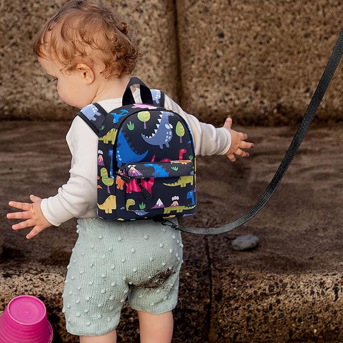 Accmor Toddler Backpack Leash with Anti Lost Wrist Link, Cute Mini Child Walking Harnesses Keep Kids Close Back Pack Rope Tether Rein for Baby Boys (Black/Dino)