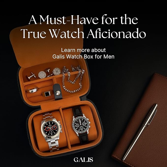 Galis Luxury Watch Case for Men High End Portable 2-Slot Watch Holder and Watch Case for Travel, Premium Watch Box for Men, Jewelry Storage Organizer, Gift for Him, Fathers, Husband (Black & Orange)