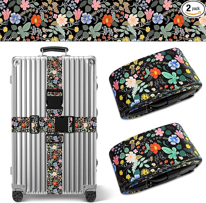 Wildflower Luggage Straps for Suitcases TSA Approved, Luggage Identifiers for Suitcase, Adjustable Suitcase Strap for Baggage Security with Cute Patten, Travel Necessary Accessories