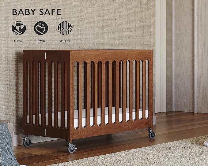 Foundations Boutique Folding Mini Baby Crib - Compact, Portable, Wooden Hotel Crib, Foldable Mini Crib for Baby & Toddlers - Includes 3" Foam Mattress, Cherry