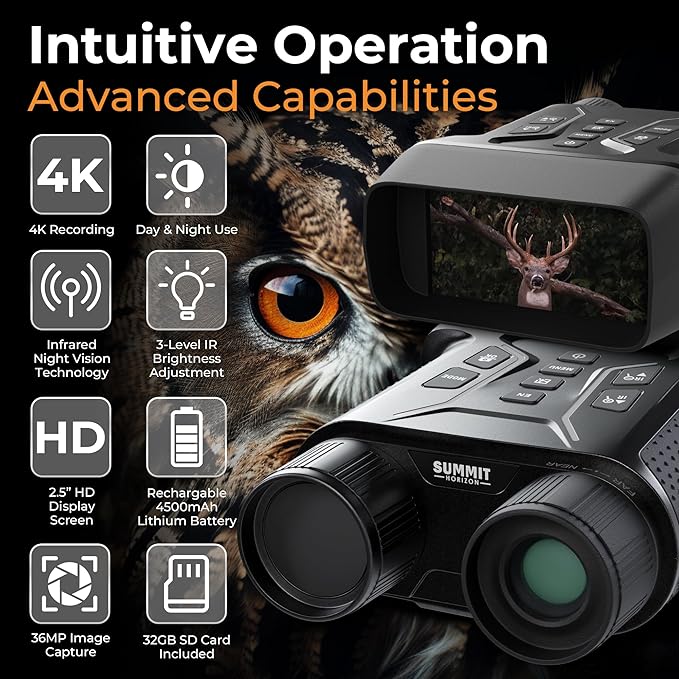 4k Night Vision Goggles for Adults - Hunting Night Vision Binoculars with Camera, Tripod, 32GB FT Card, Compass - 8X Zoom Infrared Goggles Digital Binoculars, Nightvision for Camp