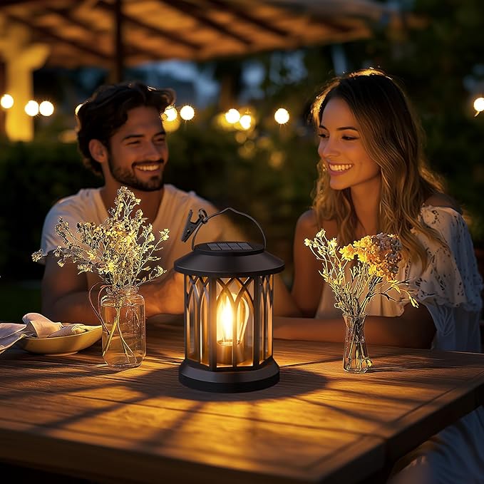Solar Lanterns Outdoor Waterproof 4-Pack: Hanging Solar Lights for Outside Patio Decor for Garden Bright Black Modern Lanterns Decorative with Clips Gifts for Family Household Newlyweds - Warm Light