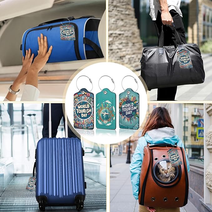 Travel Around The World Luggage Tags for Suitcase,3 Pack Go Travel Flight Views Luggage Tag Leather Privacy Cover ID Label with Stainless Steel Loop for Women Men