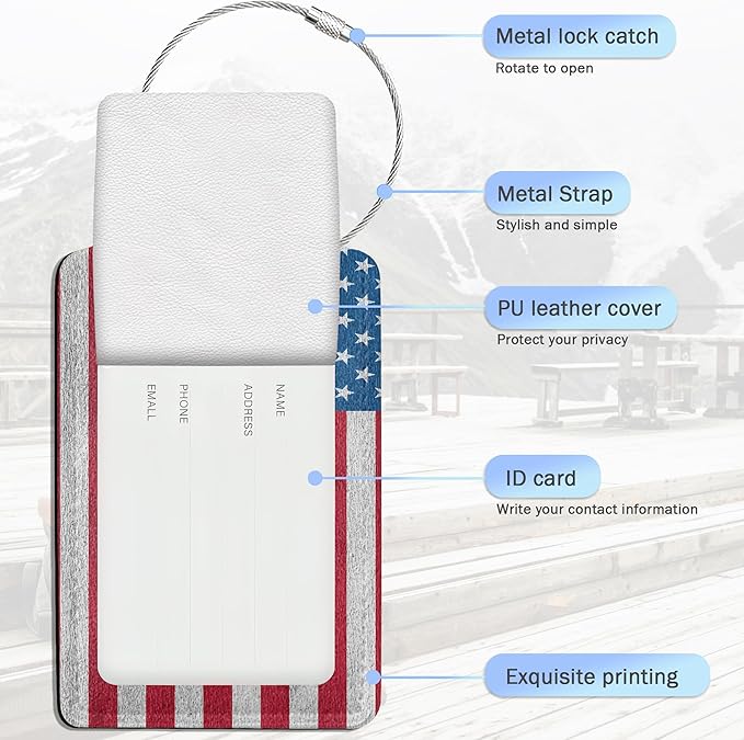 Luggage Tags for Suitcase,American Flag Luggage Tags of Set 2 Leather Identifiers Privacy Cover with Stainless Steel Loop for Women Men Travel Bag Suitcase