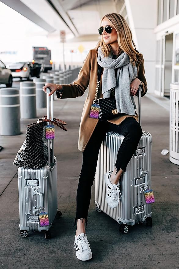 Rainbow Leopard Print 2 Pack Luggage Tags for suitcases Cute Color Leopard Luggage Tag, Leather Stainless Steel Loop Label Tag for Men Women Travel Bag Suitcase（Leopard）