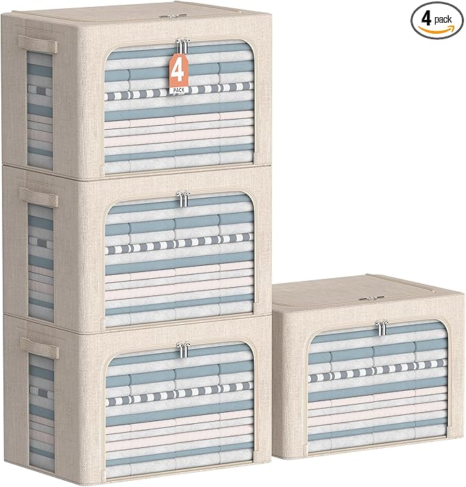 4 Pack Clothes Storage Bins with Metal Frame - Linen Fabric Foldable Stackable Container Organizer Set with Clear Window & Carry Handles & Zippers (Beige, 23.6"x16.5"x15.7")