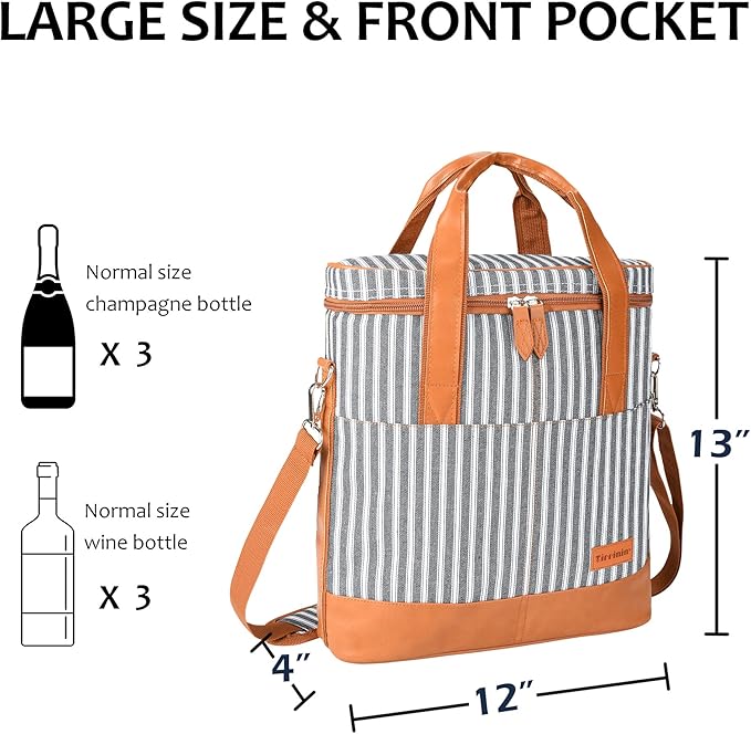 Tirrinia Insulated Wine Gift carrier - 3 Bottle Travel Padded Wine Carry Cooler Tote Bag with Handle and Adjustable Shoulder Strap, Black Stripe