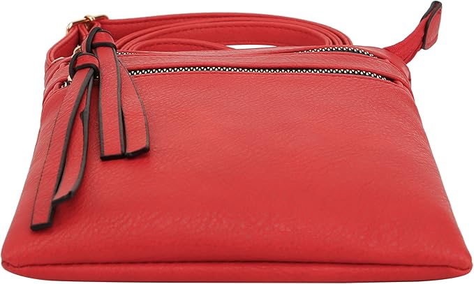 DELUXITY | Red Crossbody Bag | Women's Fashion Multi-Pocket Double Zipper Purse | Adjustable Strap | Medium Size | Perfect for Christmas