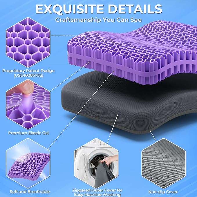 TushGuard Gel Seat Cushion for Long Sitting, Enlarged & Thickened Patent Design Office Chair Seat Cushion, Breathable Cooling Pads for Chairs, Soft Car Cushions for Wheelchair(Large, Grey)