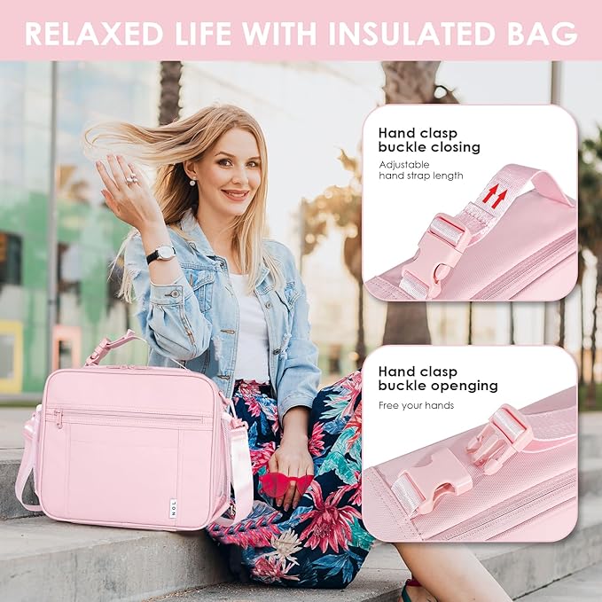 NOL Kids Lunch Bag - Kids 3+ Reusable Insulated Lunch Box with Zipper Closure Buckle Handle Adjustable Long Shoulder Strap, Easy-Clean Waterproof Fabric, Children Lunch Tote Bag for School -Pink