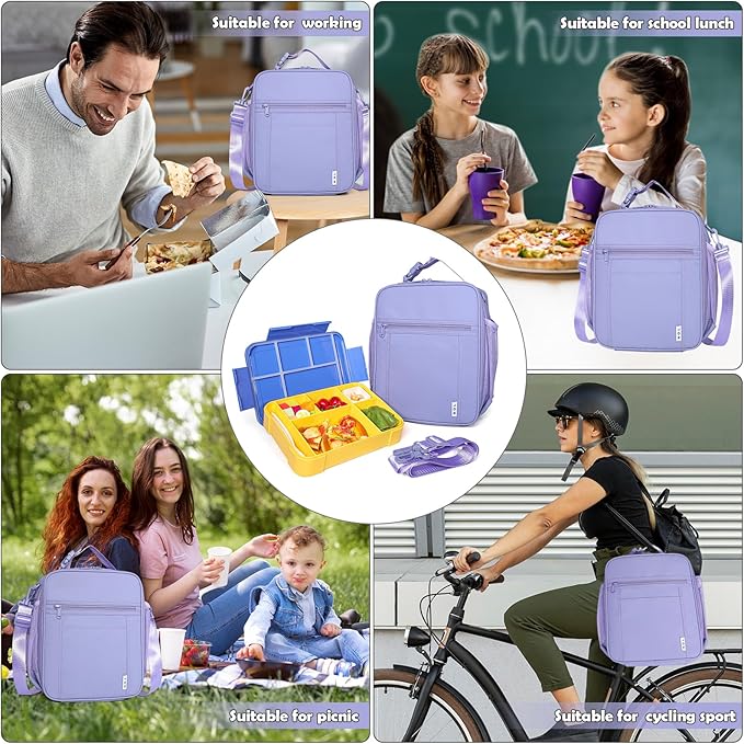 NOL Nylon Waterproof Kids Lunch Bag, Insulated Lunch Bag, Lunch box Cooler, Reusable, Zip Closure with Buckle Handle Holds Lunch Box, Snacks & Water Bottle for School Work,Light purple