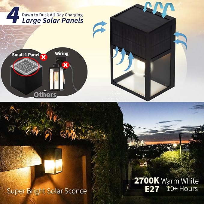 Outdoor Solar Wall Lights, High Brightness Waterproof Lanterns, Porch LED with Stainless-Steel & Tempered Glass, Black Sconce for Door Entryway, Garage, Patio, Yard, Warm White 2Pk