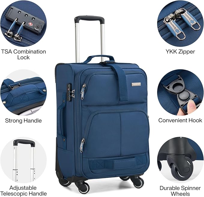Hanke 20 Inch Softside Expandable Carry On Luggage with Spinner Wheels, Rolling Suitcase Travel Luggage with TSA Approved Luggage,Blue