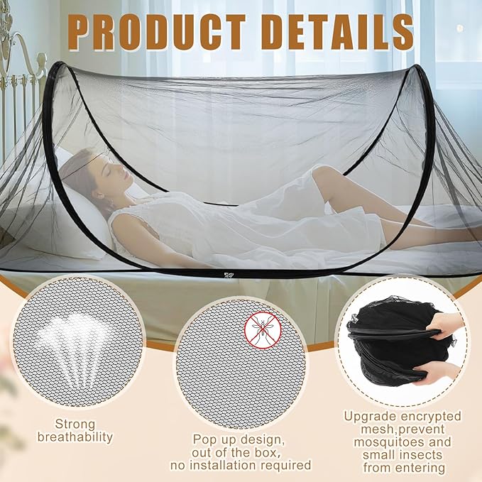 2 Pcs Large Pop up Mosquito Tent Portable Foldable Mosquito Bug Net for Bed Camping Travel Patio Outdoor 78 * 31 * 22 Inch Bug Netting Mesh Tent Canopy for Adults Baby Bedroom, Black