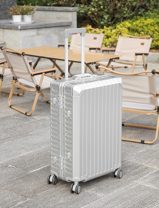 Mvst Luggage Premium All Aluminum Magnesium Carry On 20'' Lightweight Metal,Suitcase with Spinner Wheels Built-in Toiletry Set, Luggage Protector（silvery） (Silver, 24inch)