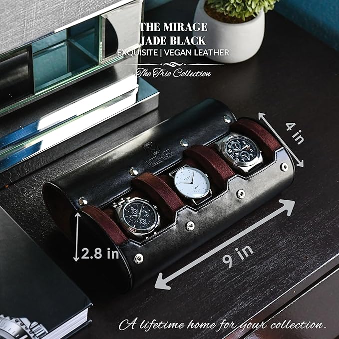 Watch Roll Case Organizer - Watch Travel Case for Men and Women - 3 Watch Carrying Case and Display - Jade Black with Mahogany Brown Interior Vegan Leather