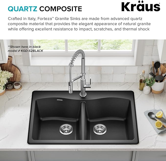KRAUS Forteza 33-inch Granite Drop In/Undermount 50/50 Double Bowl White Kitchen Sink, KGD-52WHITE