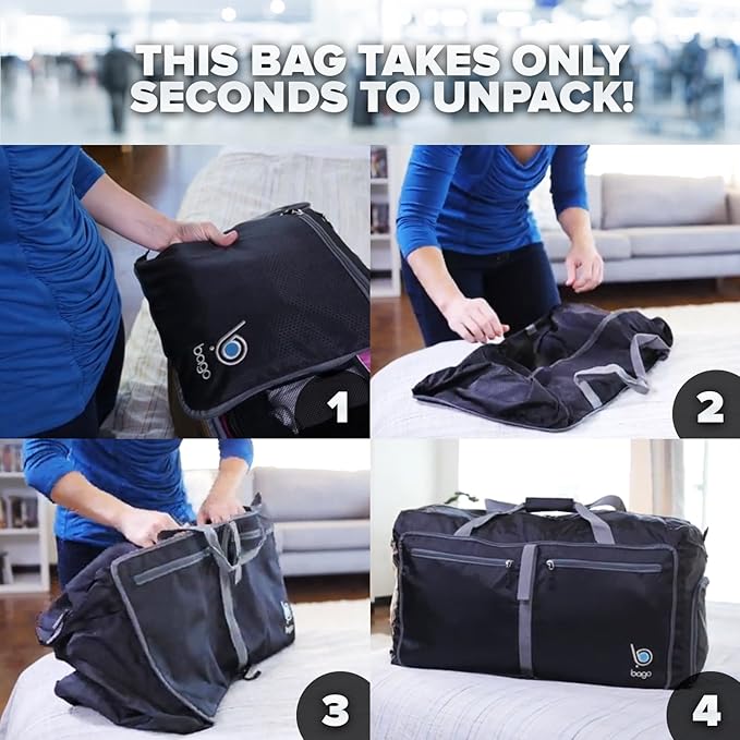 Bago Foldable Duffel Bags for Traveling Women & Men - 60L Medium Packable Duffle Bag for Travel with Shoe Compartment - Water Repellant, Heavy Duty, Lightweight Folding & Collapsible (Black)