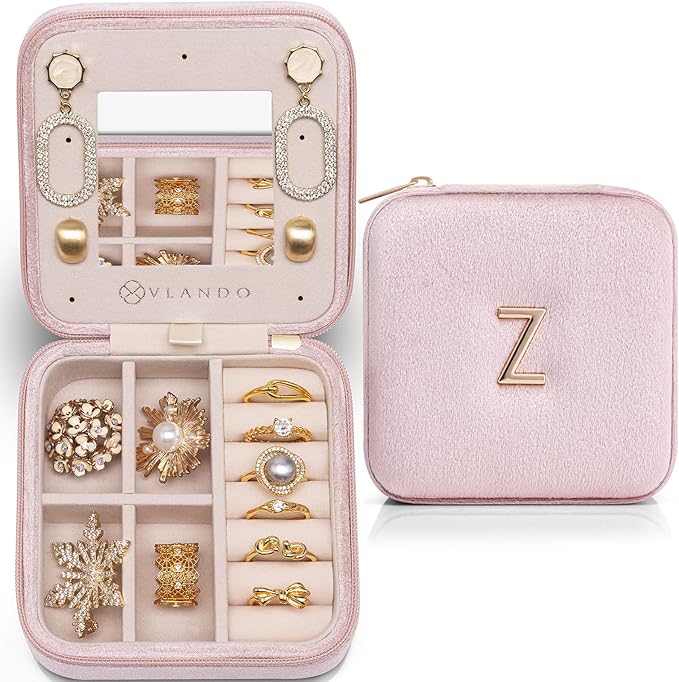 Vlando Teacher Appreciation Gifts for Women, Travel Jewelry Case for Women Teacher Gifts, Travel Gifts for Teacher, Travel Essentials Small Jewelry Box, Jewelry Travel Organizer - Letter Z, Pink
