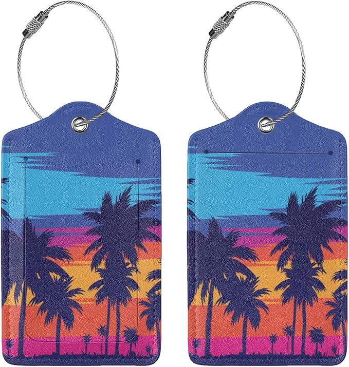 Coconut Trees at Sunset Luggage Tag for Suitcases Baggage, Fancy Airport Cruise Leahter Luggage Tag with Full Back Privacy Cover for Travel Sports Teens Kids